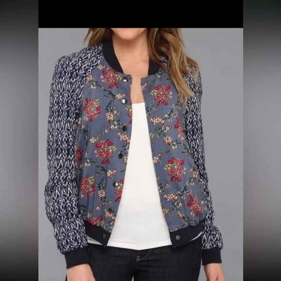 Free People Blue Floral Bomber Jacket with Navy Knit Sleeves - Picture 1 of 6